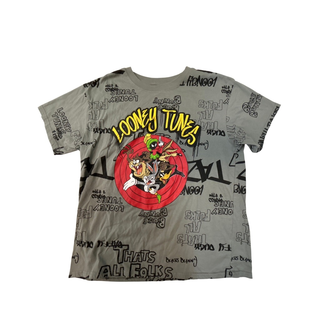 Looney Tunes Mens XL Grey All Over Print Graphic T-Shirt Bugs Bunny Taz Daffy